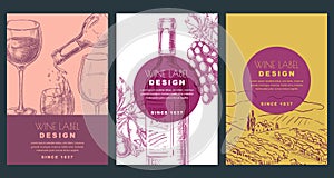 Wine label design template. Sketch vector illustration of bottle, glass, grapes and vineyard field. Backgrounds set