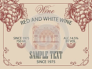 Wine label with grapes and old building facade