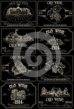 Wine labels set on a black background. Highly realistic illustration