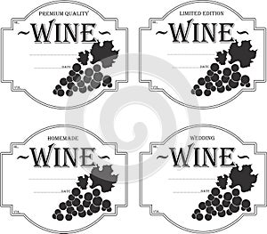Wine labels set vector image. Wine bottle glass grapes silhouette. Wine labels custom. Wine labels for wedding.