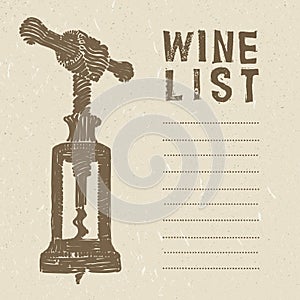 Wine list cover page with a corkscrew doodle