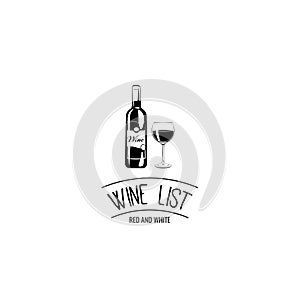 Wine list design. Wine bottle and glass. Alcohol menu. Bar and pun design. Vector illustration.