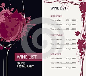 Wine list with glass, grapevine and price list