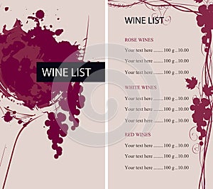 Wine list with glass, grapevine and price list