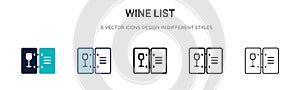 Wine list icon in filled, thin line, outline and stroke style. Vector illustration of two colored and black wine list vector icons