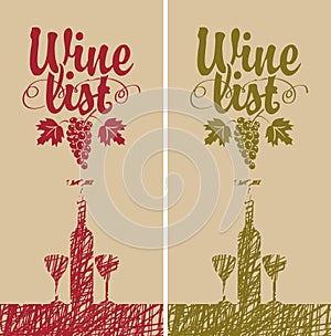 Wine list menu with bottle, two glasses and vine