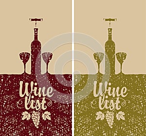 Wine list menu with bottle, two glasses and vine