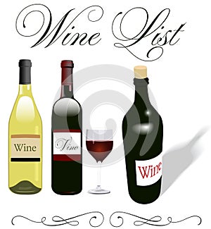 Wine list menu bottles glass design