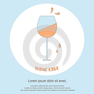 Wine list restaurant menu template. Line style, glass with red wine, drops, Lorem ipsum on white