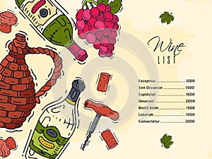 Wine list taste club banner vector illustrations glass wine grape bottle. Tasting events menu. Vector alcohol drink