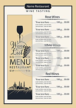 Wine list with wine glass, grapes and landscape