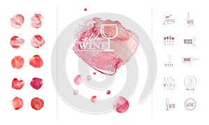 Wine logo template with collection of hand drawn watercolor colorful backdrops