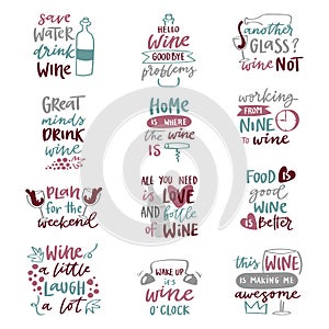 Wine love alcohol drink phrases lettering text phrases hand drawn logo badge vector illustration