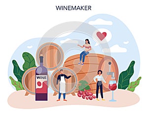 Wine maker concept. Grape wine in a wood barrel, bottle of a red wine
