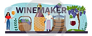 Wine maker typographic header. Grape wine aging in a wood barrel.