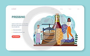 Wine maker web banner or landing page. Grape wine aging in a wood barrel