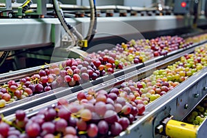 Wine manufacturing process, grapes going throught machine on the wine making plant