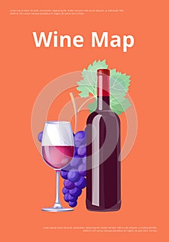 Wine Map Poster Red Wine Bottle and Glass Merlot