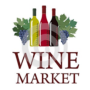 Wine market logo. Three wine bottles and grapes
