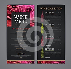 Wine menu design with alcohol ink texture. Marble texture background