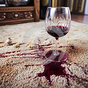 Wine mishap Red wine spills on carpet, creating a stain