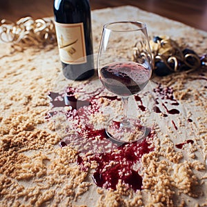 Wine mishap Red wine spills on carpet, creating a stain