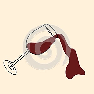 Wine one line illustration. Alcohol drink in glassware.. Wineglass with red beverage. Liquid splashes. Spilling Cabernet