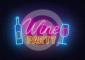 Wine Party neon sign on brick wall background.