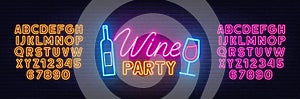 Wine Party neon sign on brick wall background.