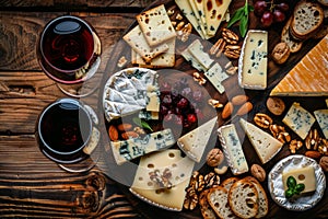 Wine Plates, Cheeseboard, Cheese Mix, Dried Fruits and Nuts. Various Cheese Pieces, Diced Cheddar photo
