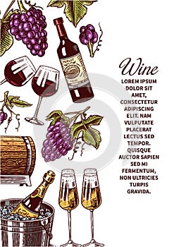 Wine poster or vineyard banner. Sparkling champagne background, Cheers toast and Grape. Hand Drawn engraved vintage old