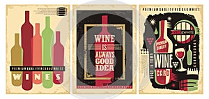 Wine posters set on old paper texture. Retro wines flyers. photo