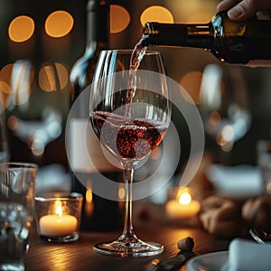 wine is poured into glass on the table