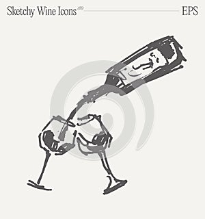 Wine pouring from a bottle into a glass. Hand drawn vector illustration. Isolated sketch.