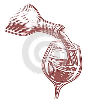 Wine pouring from bottle into glass, wineglass. Hand drawn sketch vector illustration photo