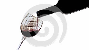 Wine pouring from a wine bottle into a wine glass,isolated on a white background, close-up.