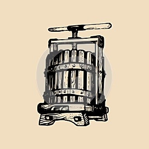 Wine press illustration. Vector alcoholic beverages logo. Hand sketched vinemaking element in engraved style.