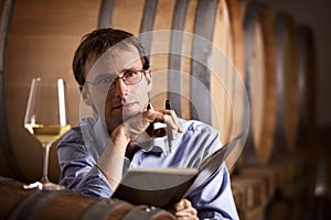 Wine producer contemplating in cellar.