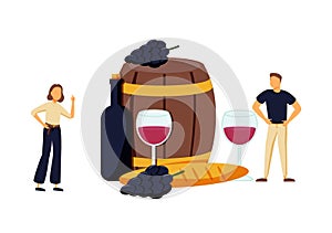 Wine Producing and Drinking Concept. Man with Bottle Pouring Alcohol Drink to Glass. Male and Female Characters Grow Organic