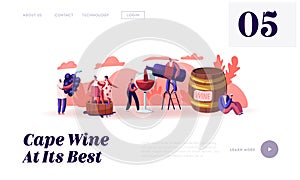 Wine Producing and Drinking Website Landing Page. Man with Bottle Pouring Alcohol Drink to Glass Characters Grow Grapes