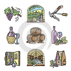 Wine production cellar winery viticulture winey product alcohol farm grape vintage hand drawn vector illustration.