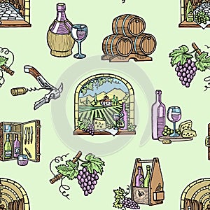 Wine production cellar winery viticulture winey product alcohol farm grape vintage hand drawn vector illustration