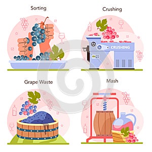 Wine production concept set. Grape selection and processing. Grape berries