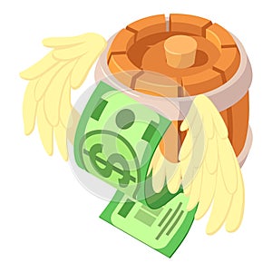 Wine production icon isometric vector. Wood barrel and dollar banknote with wing