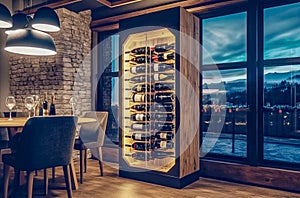 Wine rack in a restaurant. Generative AI