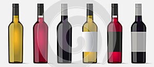 Wine red white rose bottle isolated on white background vector 3d image clipart, vine grape alcohol with empty blank sticker label