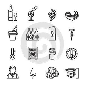 Wine related vector icons set - symbols of bottle, glass or pub logo elements.