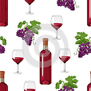 Wine seamless pattern. Red wine in  bottle, glass and bunches of dark grapes with green leaves isolated on white