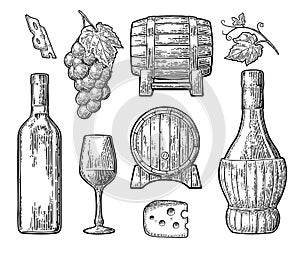 Wine set. Bottle, glass, barrel, cheese, bunch of grapes with berry and leaf.
