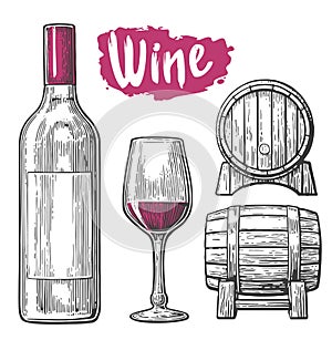 Wine set. Bottle, glass, corkscrew, barrel. Black vintage engraved vector illustration isolated on white background. For label, po